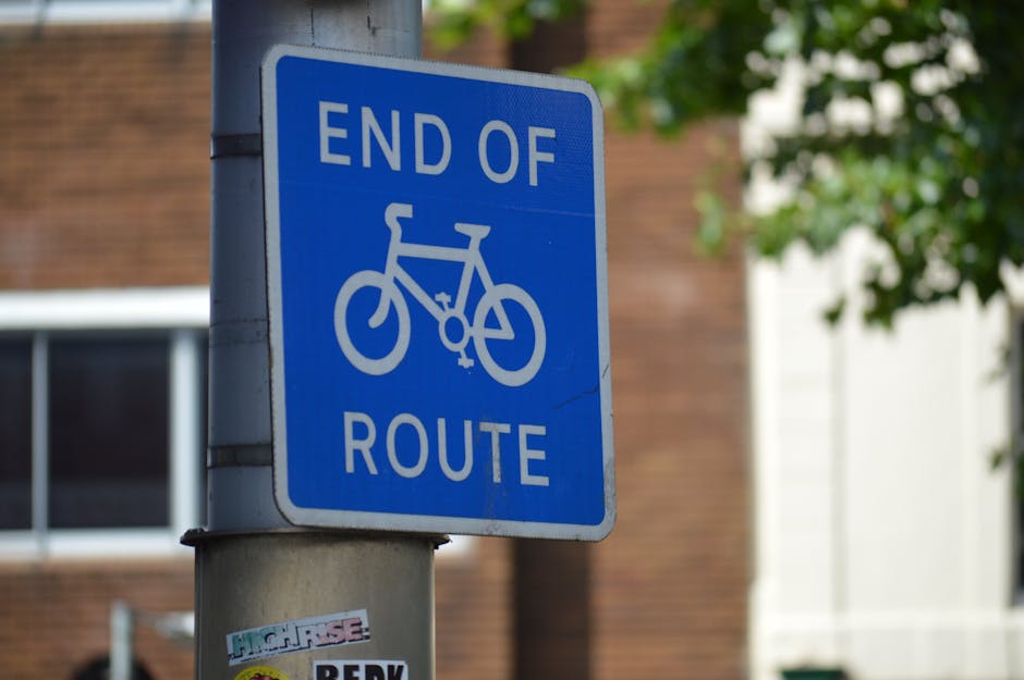 A blue rectangular sign with white lettering and a bicycle symbol reading 'END OF ROUTE' is mounted on a metal pole, positioned on a pavement. Behind the sign, there is a partial view of a brick building with windows, and some green foliage from nearby trees is visible in the background. The scene is outdoors with natural daylight. This image is relevant to house removals and moving services, illustrating a typical urban street environment where careful planning and adherence to local route regulations are important during a home relocation. Man with Van Elmers End, a professional removals company, often operates in areas like this, providing furniture transport and packing and moving assistance within such city streets.