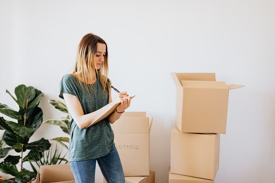 A young woman with long, blond hair is indoors, standing beside several folded cardboard moving boxes, with some boxes stacked on top of each other. She is wearing a casual, short-sleeved grey T-shirt