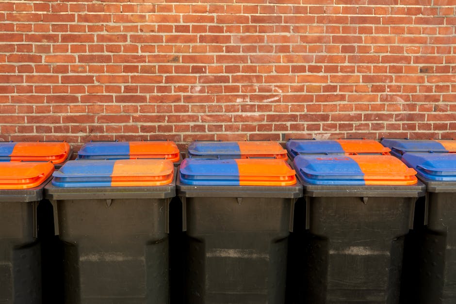 A row of black wheelie bins with orange and blue lids are lined up outside a building against a red brick wall. The bins are positioned on a paved pavement area, with some bins slightly overlapping one another. The image captures the bins from a straight-on angle, showing the lids clearly, and consistent lighting suggests an outdoor daytime environment. The scene illustrates waste collection or disposal preparation as part of home relocation or moving logistics, which may involve the services of Man with Van Elmers End, particularly in relation to adhering to local waste and disposal rules near Elmers End in Bromley.