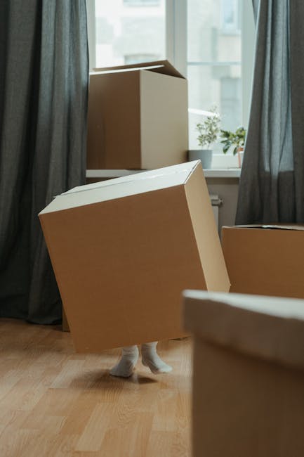 Inside a residential room with wooden flooring and large windows with grey curtains, several moving boxes made of brown cardboard are visible, some placed on the windowsill and others on the floor. One box is being carried or positioned by an individual whose white socked feet are partially visible behind the boxes, indicating a careful handling process during packing or unpacking. The boxes vary in size and are sealed or open, with no visible packing materials such as bubble wrap or packing paper. The natural daylight from the windows illuminates the scene, providing a clear view of the moving process. This image, associated with house removals and furniture transport, highlights the packing and organization involved in home relocation, as managed by Man with Van Elmers End, who offers professional removal services in Elmers End.